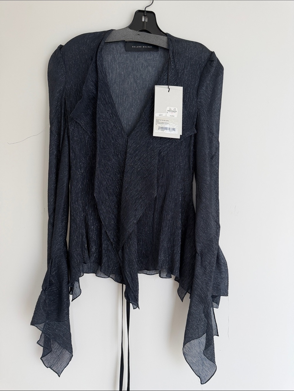 Roland Mouret Navy Sheer Draped Waterfall Blouse